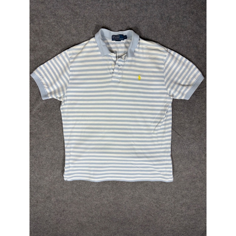 Polo Ralph Lauren Mens Large Blue White Striped Short Sleeve Pique Polo Shirt